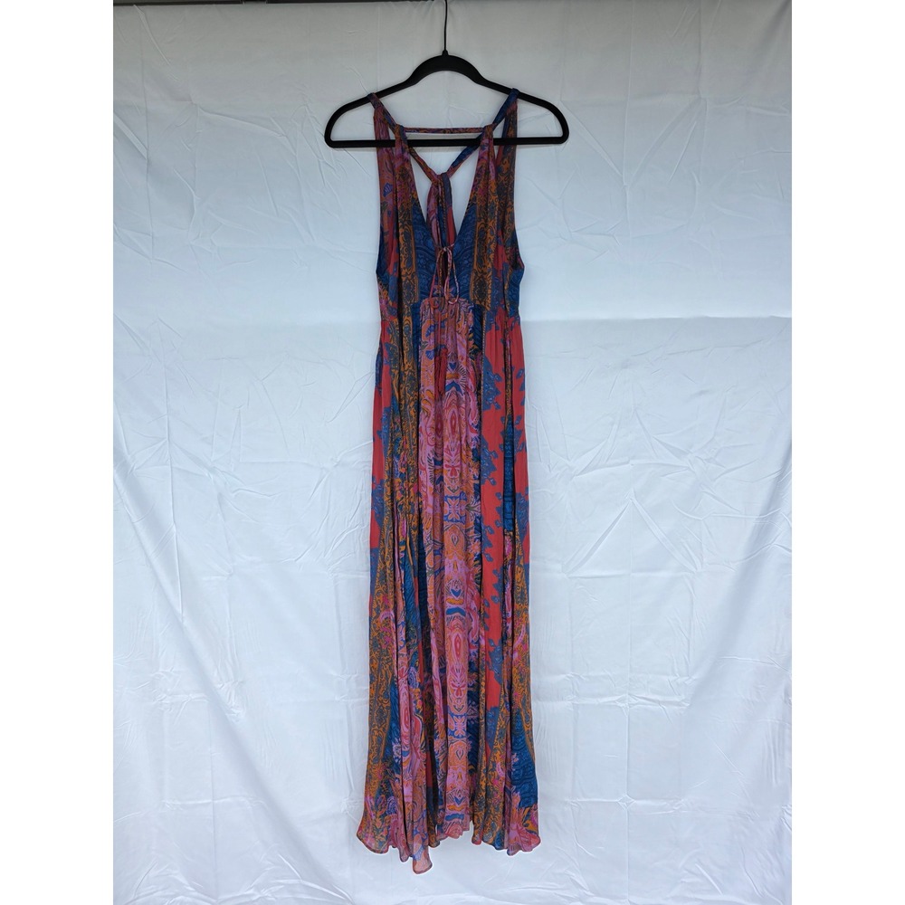 Free People Red Blue Paisley Boho Maxi Dress Size 4 Tassel Tie Back Strappy